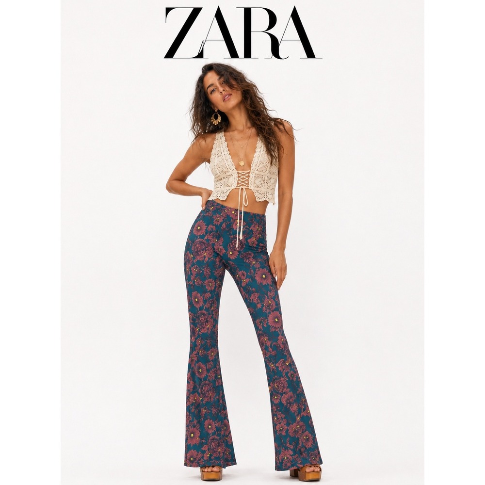 Zara Floral Flare Pants Boho Retro Festival Wide Leg Pants Small